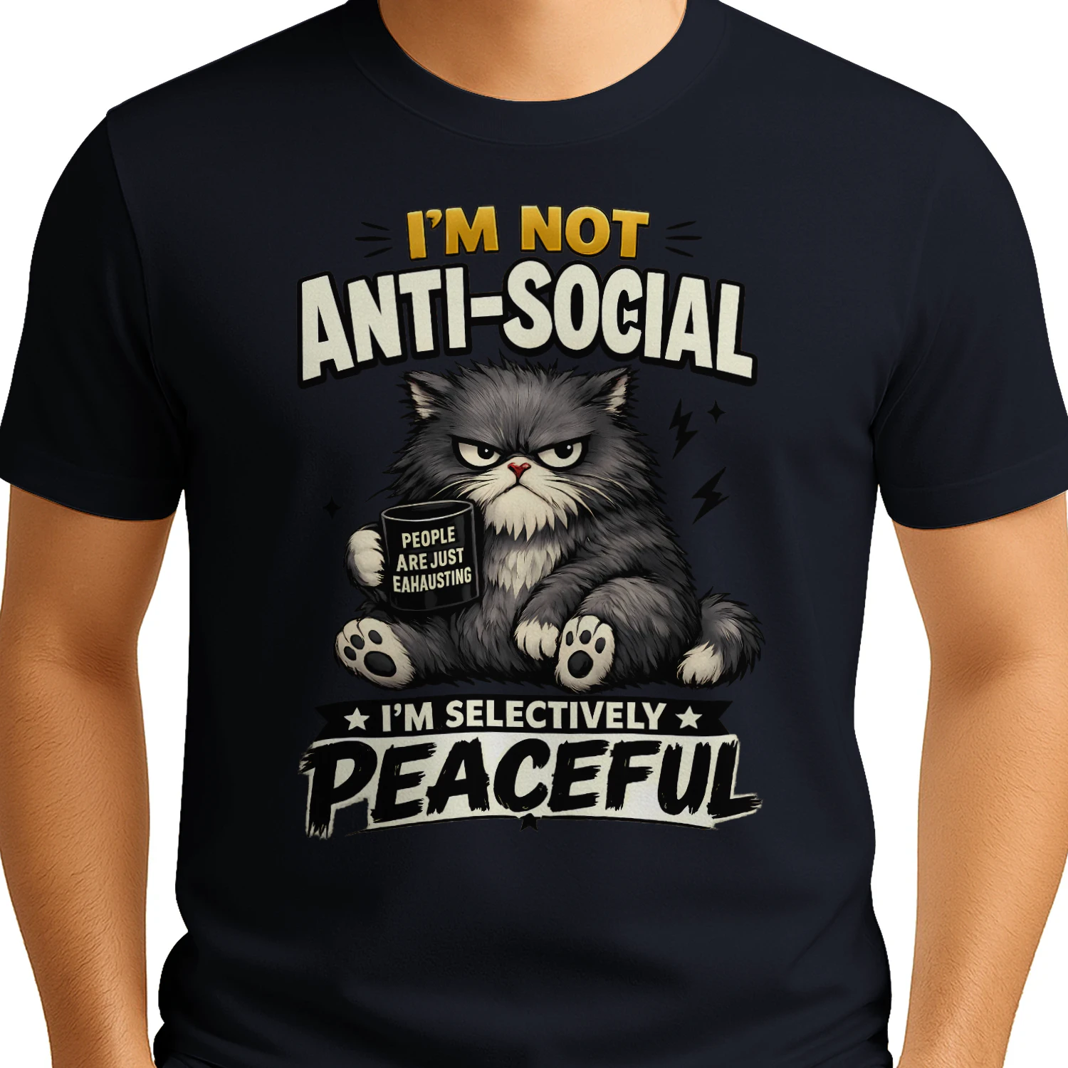I’m Not Anti‑Social I’m Selectively Peaceful Shirt – Funny Cat Coffee Tee, People Are Exhausting Graphic, Sarcastic Introvert Gift