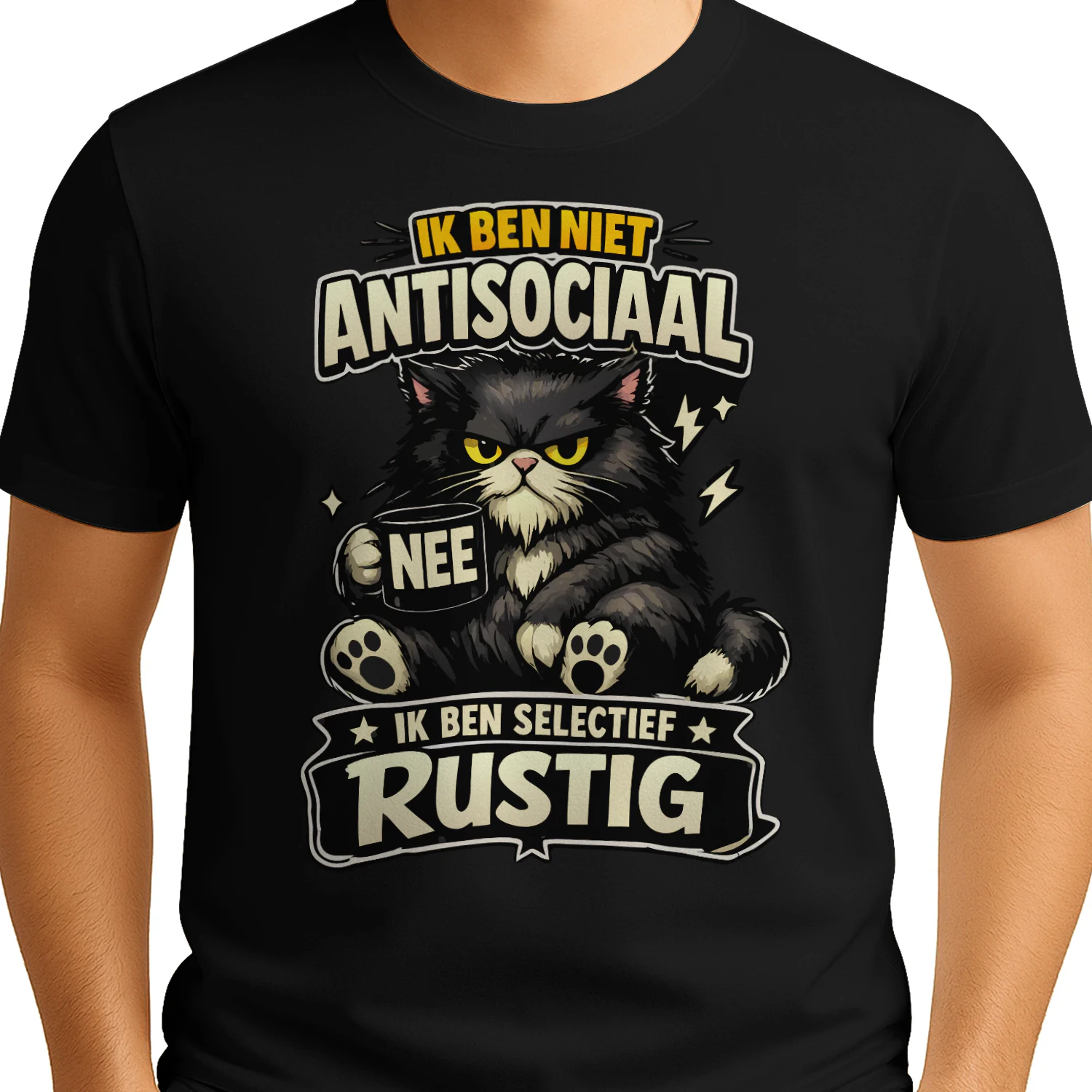 Ik Ben Niet Antisociaal Shirt – Dutch Introvert Cat Tee, Sarcastische Kat Met Mok, Selectief Rustig Humor Gift