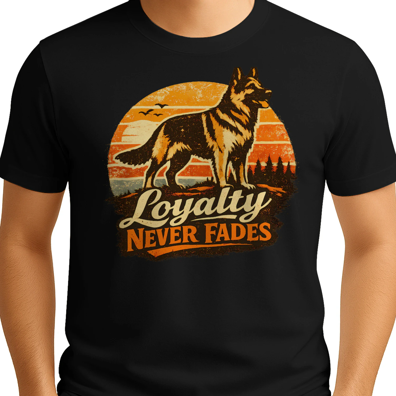 Loyalty Never Fades German Shepherd T-Shirt – Retro Sunset K9 Graphic Tee, Dog Lover Gift for Men