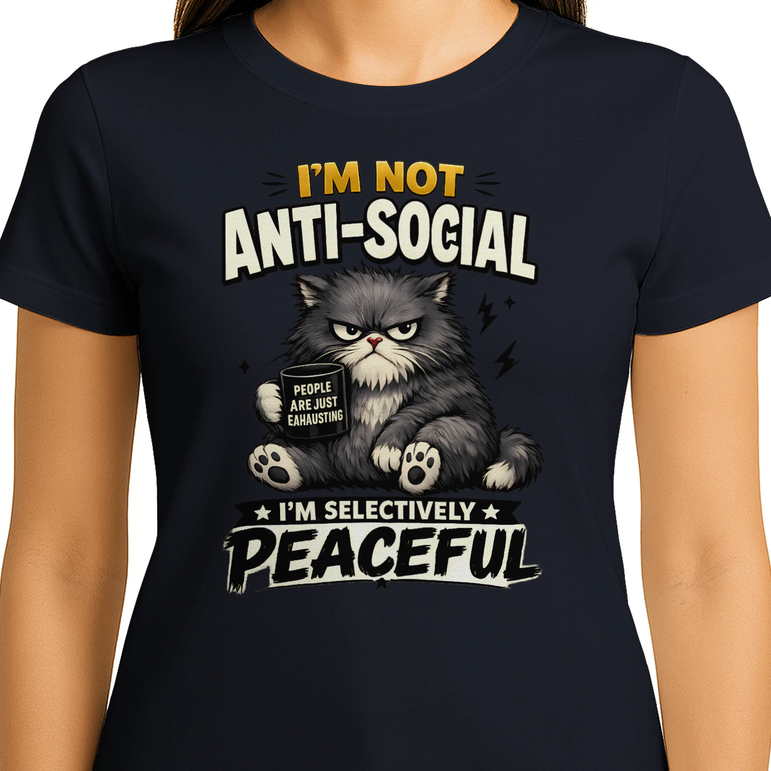 I’m Not Anti‑Social I’m Selectively Peaceful Shirt – Funny Cat Coffee Tee, People Are Exhausting Graphic, Sarcastic Introvert Gift