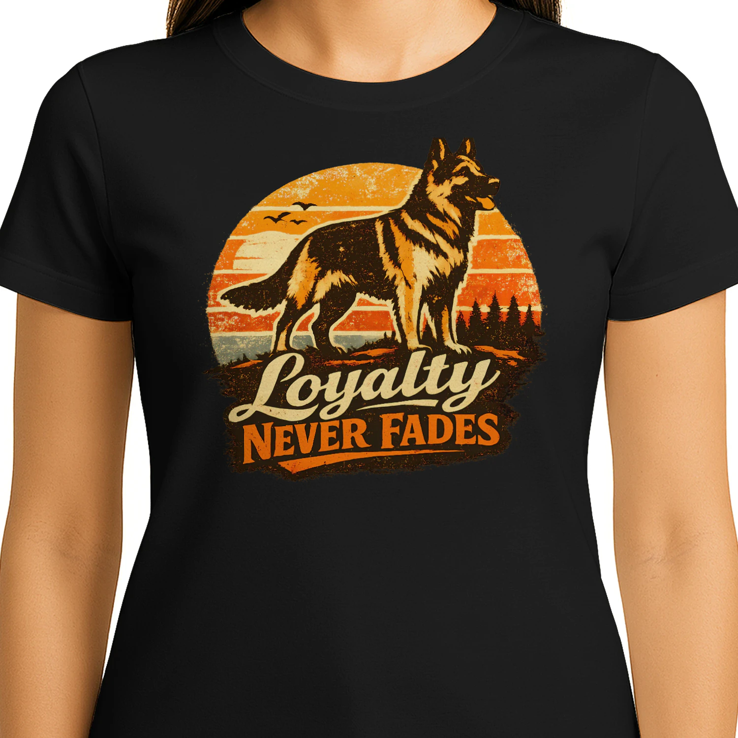 Loyalty Never Fades German Shepherd T-Shirt – Retro Sunset K9 Graphic Tee, Dog Lover Gift for Men