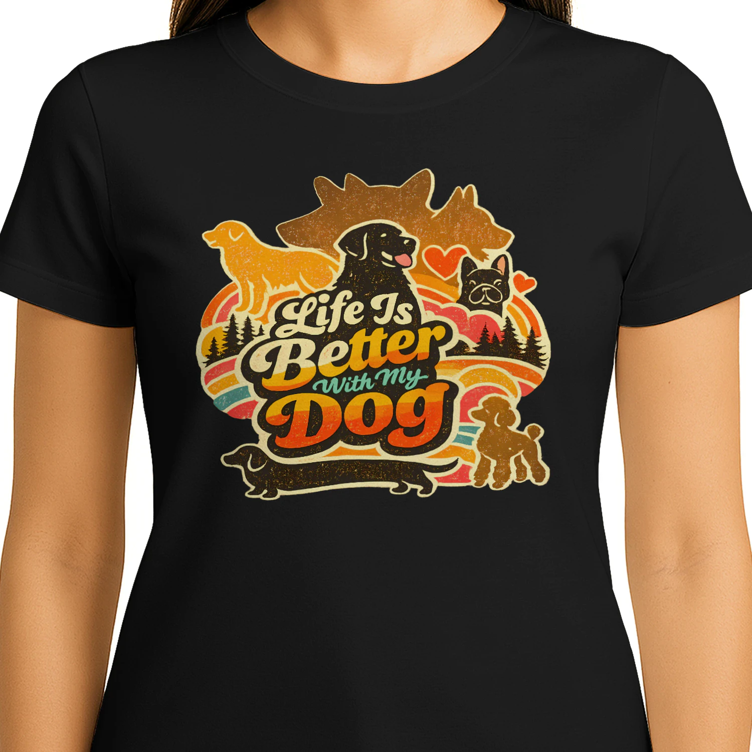 Life Is Better With My Dog T-shirt – Retro Sunset Multi-Breed Dog Lover Tee, Vintage Outdoor Pet Parent Gift