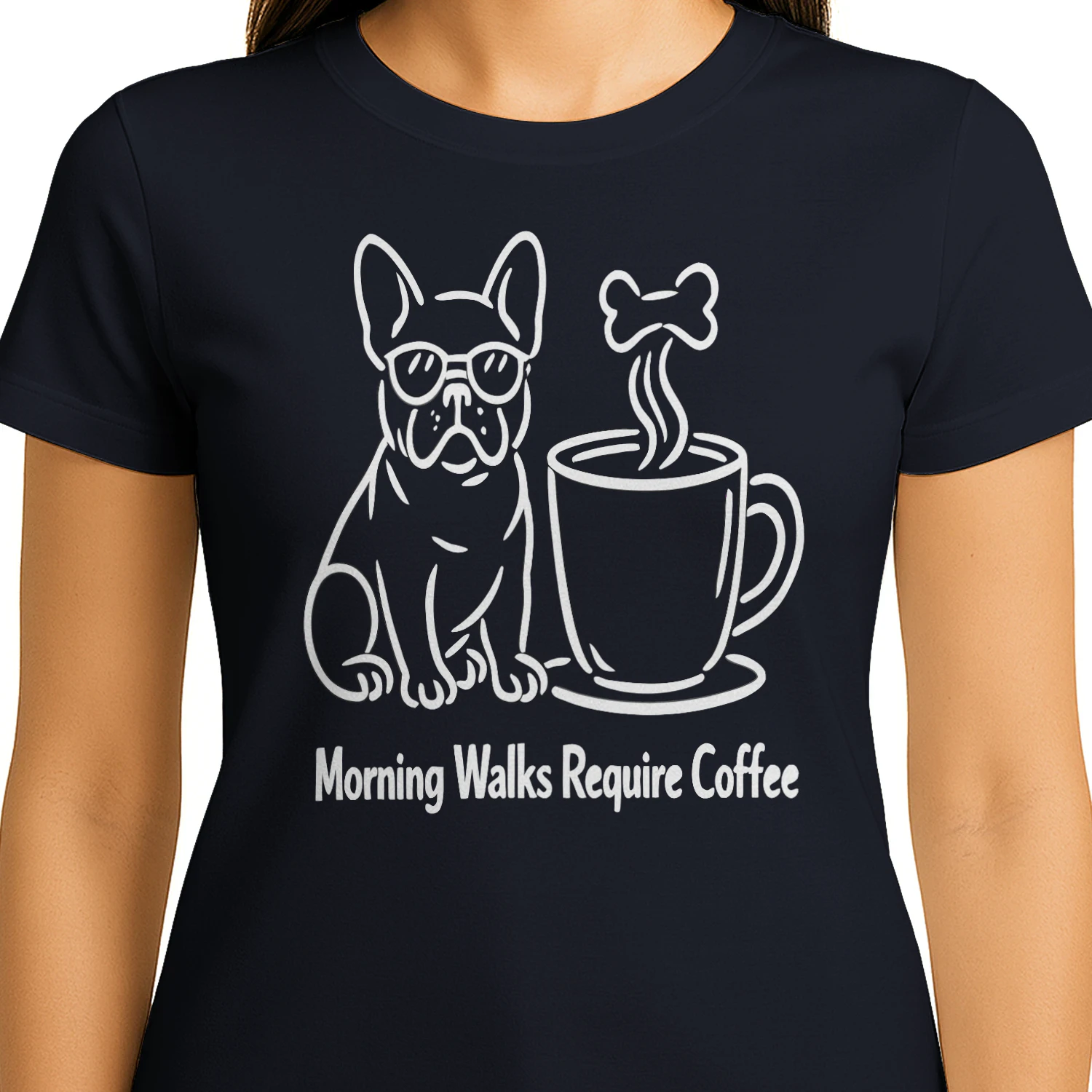 Morning Walks Require Coffee French Bulldog Shirt – Funny Minimalist Dog Lover Tee, Frenchie Mom Gift, Coffee Addict Apparel