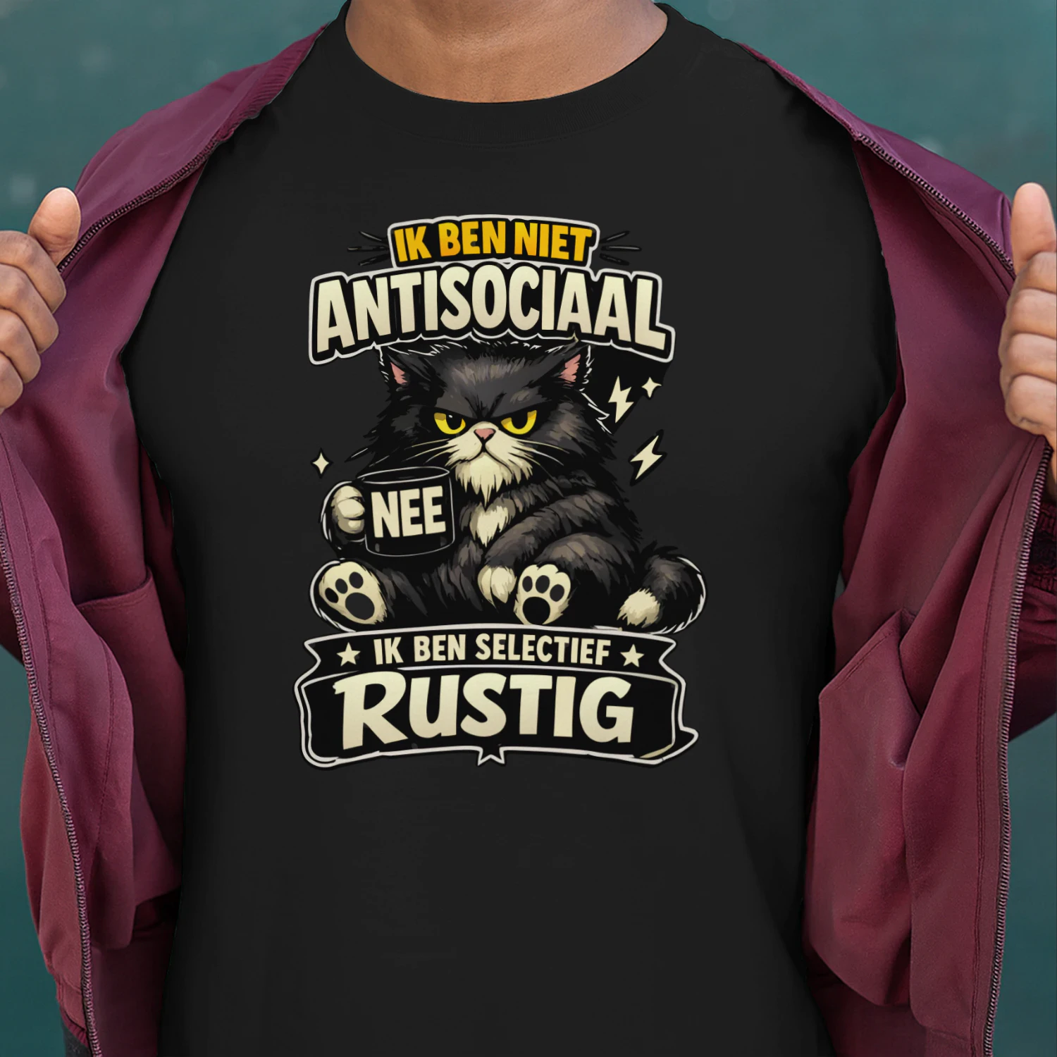 Ik Ben Niet Antisociaal Shirt – Dutch Introvert Cat Tee, Sarcastische Kat Met Mok, Selectief Rustig Humor Gift