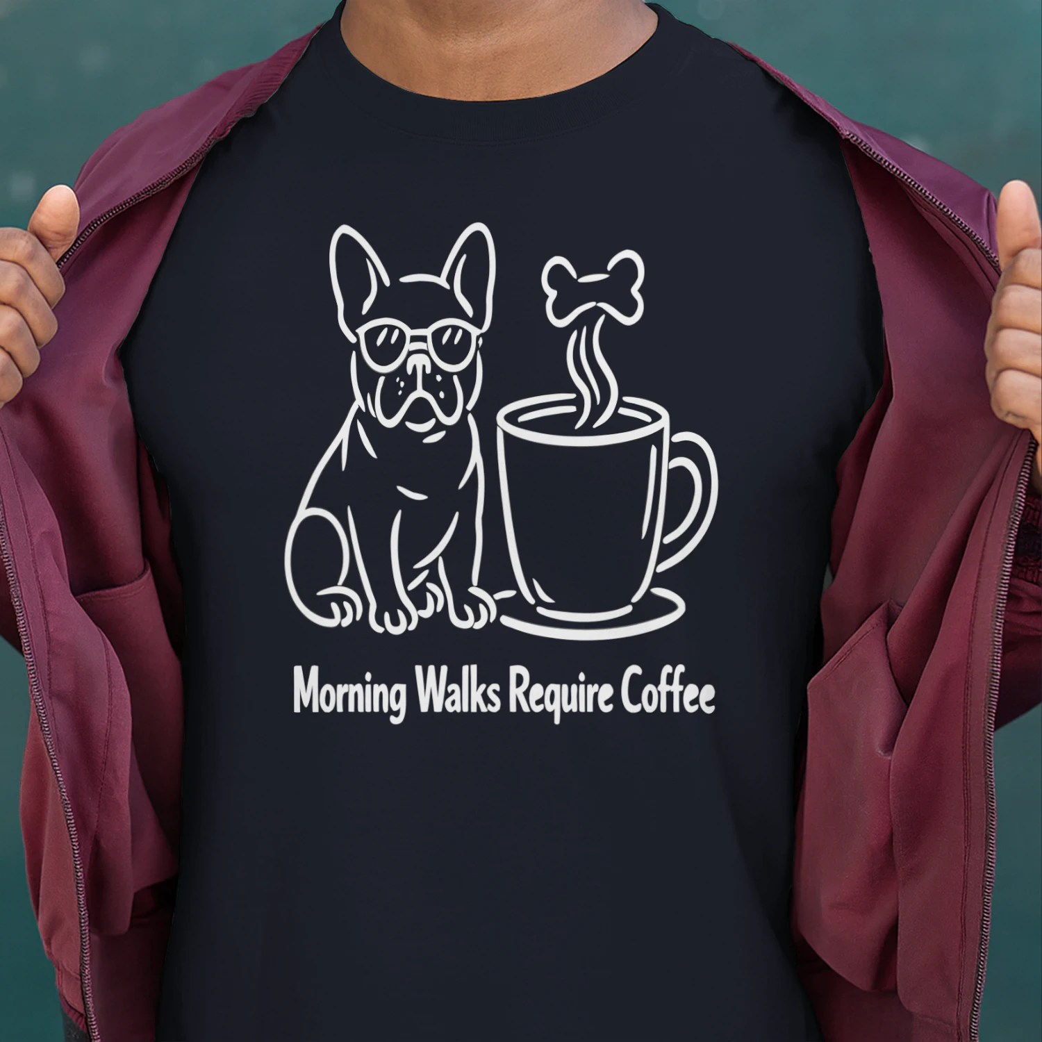 Morning Walks Require Coffee French Bulldog Shirt – Funny Minimalist Dog Lover Tee, Frenchie Mom Gift, Coffee Addict Apparel