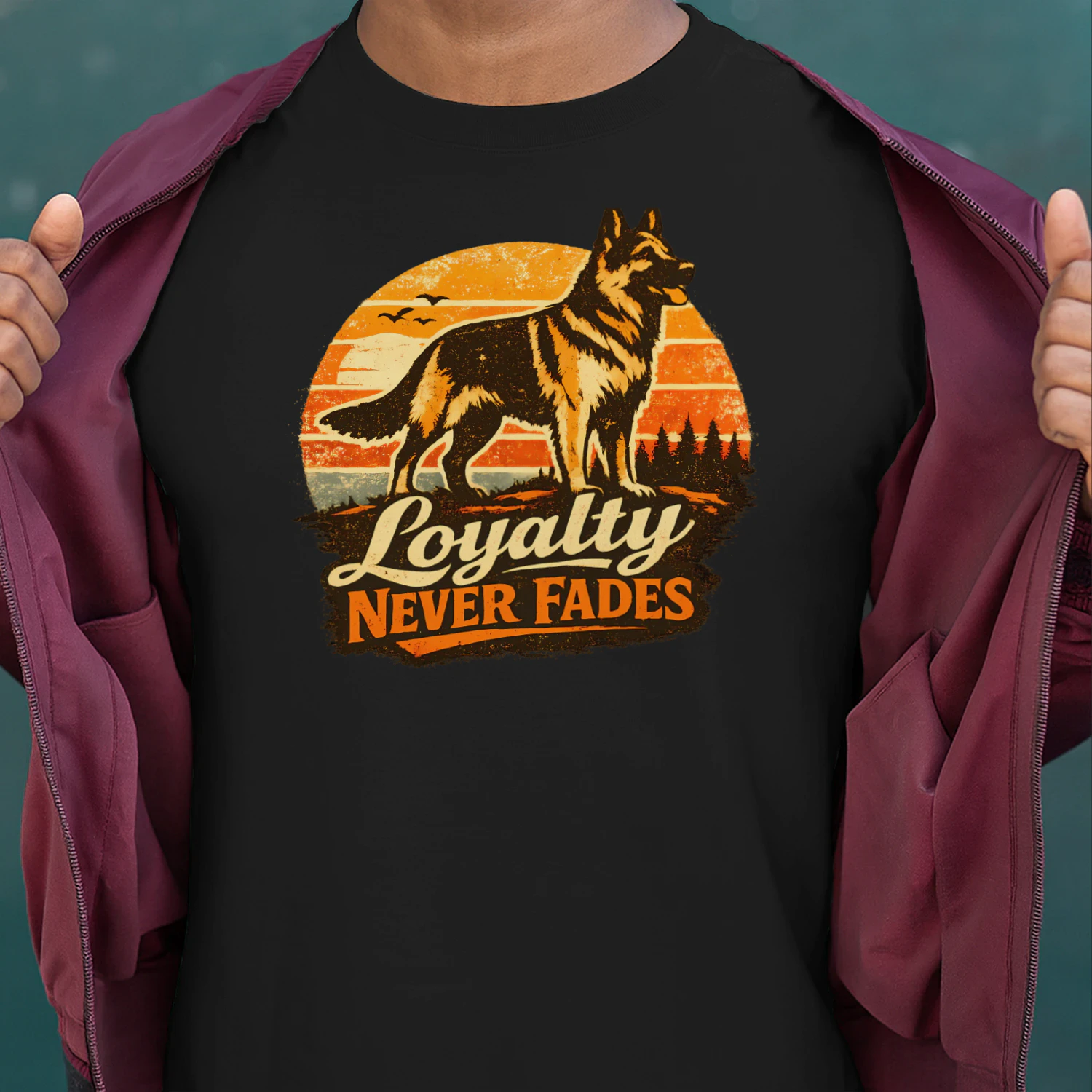 Loyalty Never Fades German Shepherd T-Shirt – Retro Sunset K9 Graphic Tee, Dog Lover Gift for Men