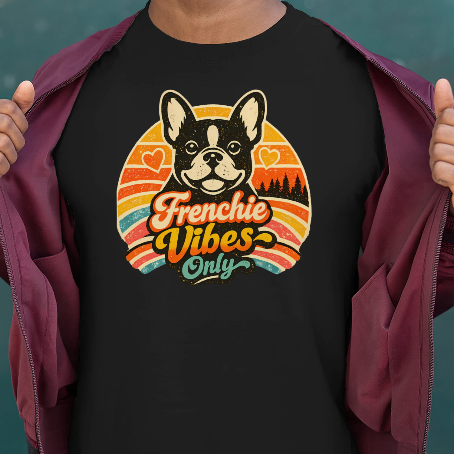 Frenchie Vibes Only Shirt – Retro Sunset French Bulldog Tee, Cute Dog Mom Gift, Vintage Frenchie Lover Apparel