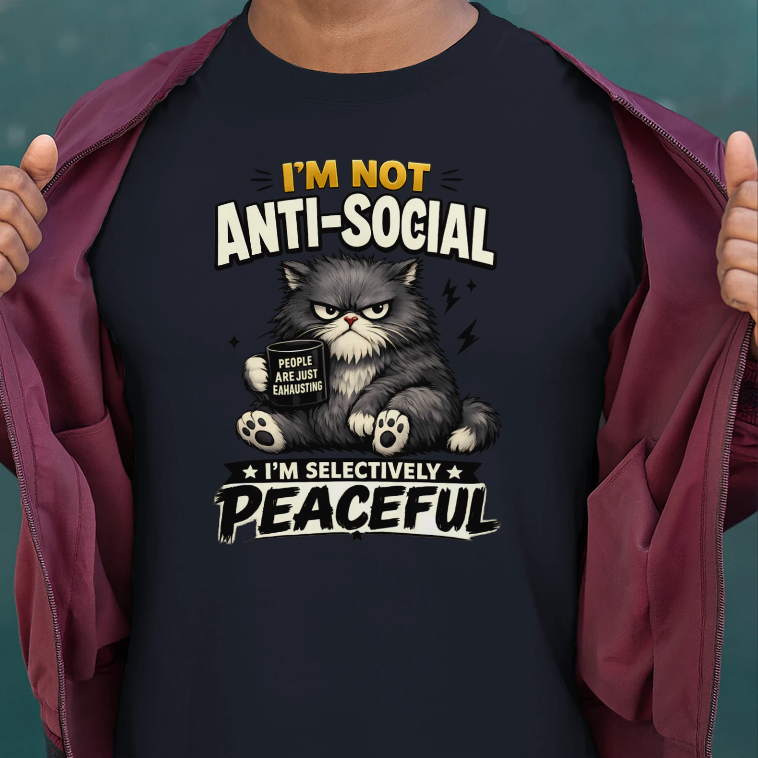 I’m Not Anti‑Social I’m Selectively Peaceful Shirt – Funny Cat Coffee Tee, People Are Exhausting Graphic, Sarcastic Introvert Gift