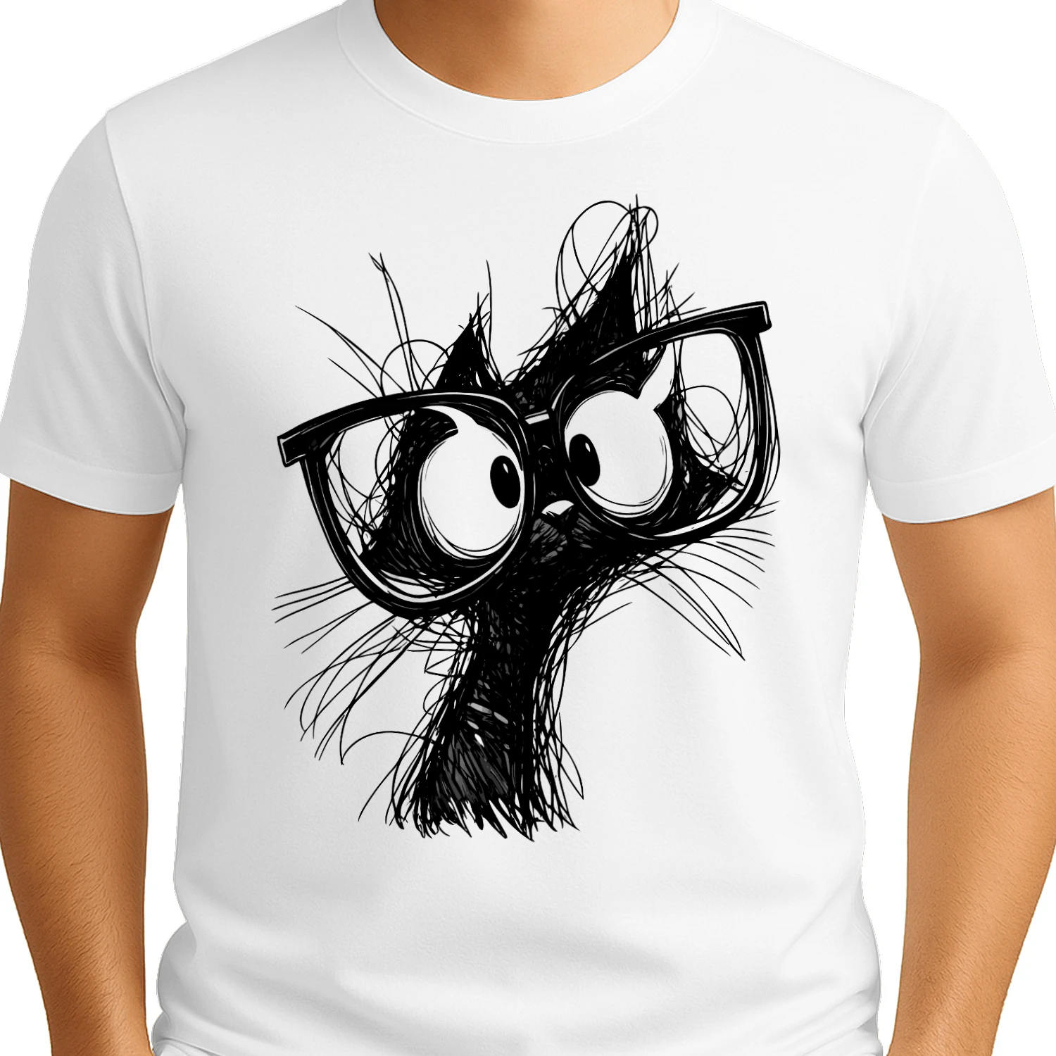 Funny Cat with Glasses T‑Shirt – Black & White Sketch Style Tee for Cat Lovers, Pet Owners & Gift Ideas