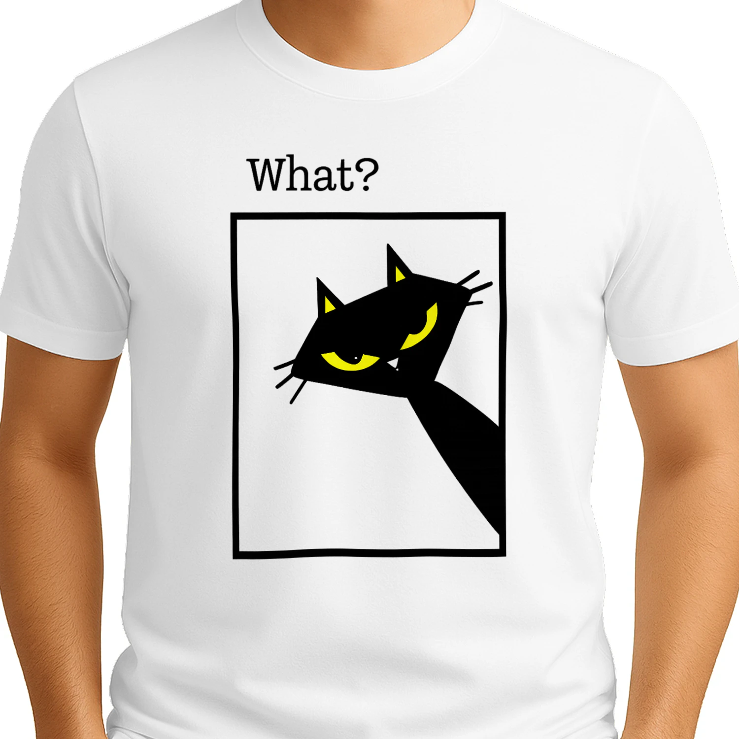 What Cat Shirt – Funny Black Cat Meme Tee, Sarcastic Cat Lover Gift, Bold Yellow Eyes Graphic