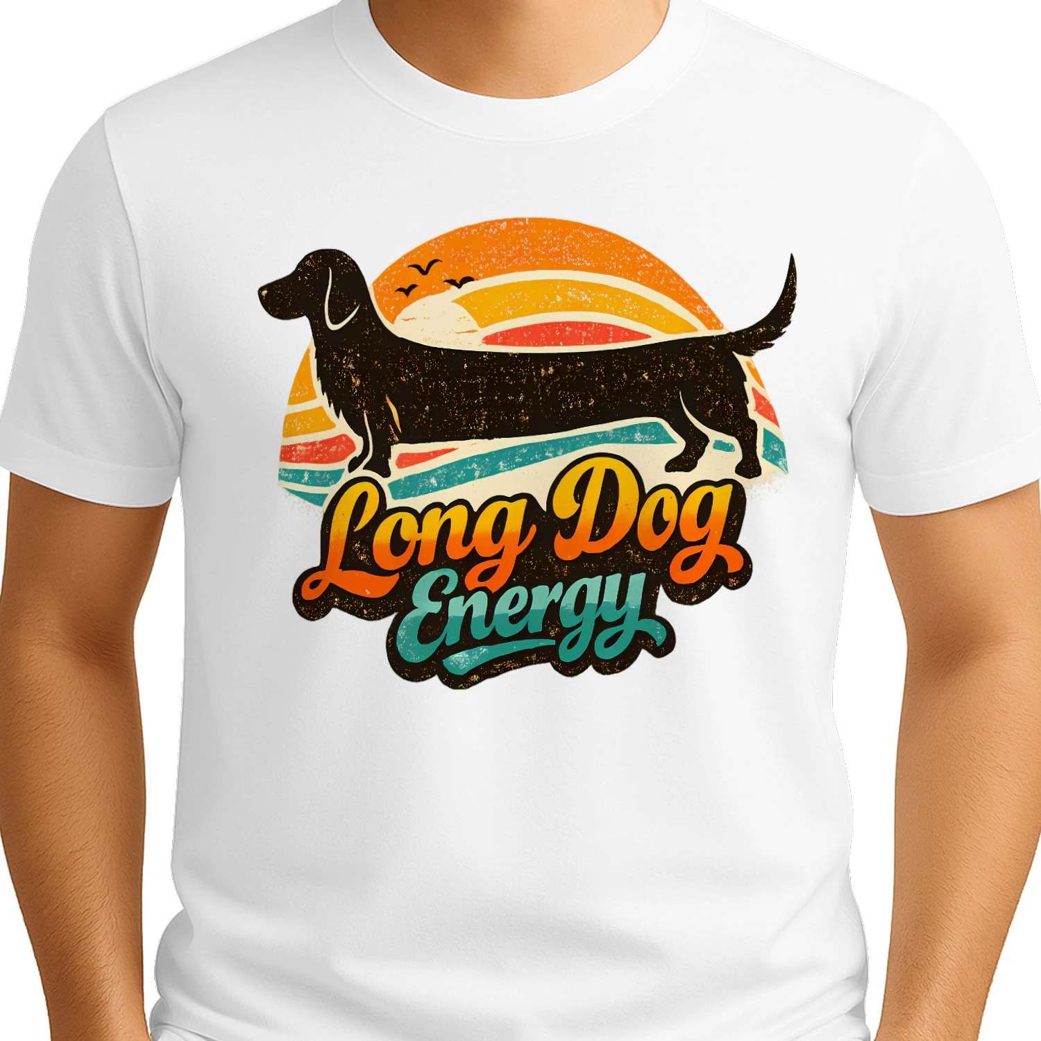 Long Dog Energy Shirt – Retro Sunset Dachshund Tee, Funny Wiener Dog Gift, Vintage Dog Lover Apparel