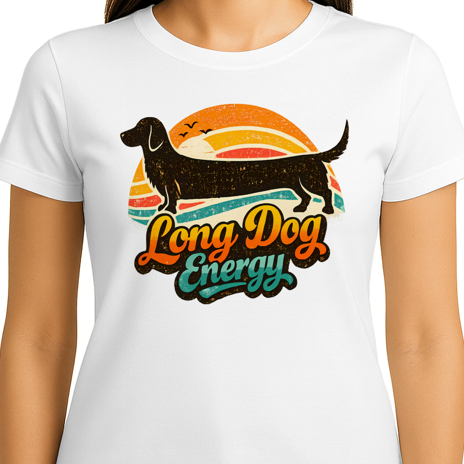 Long Dog Energy Shirt – Retro Sunset Dachshund Tee, Funny Wiener Dog Gift, Vintage Dog Lover Apparel