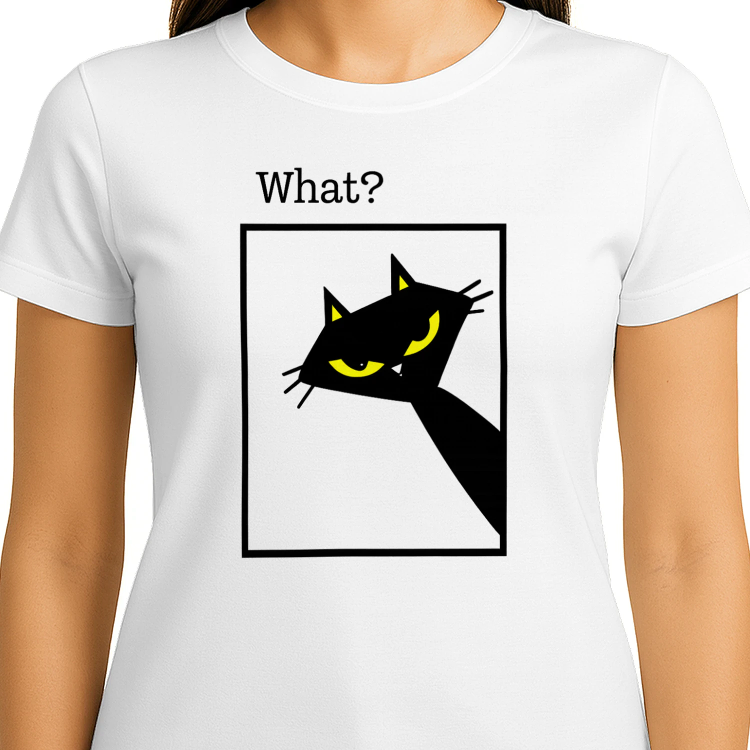 What Cat Shirt – Funny Black Cat Meme Tee, Sarcastic Cat Lover Gift, Bold Yellow Eyes Graphic