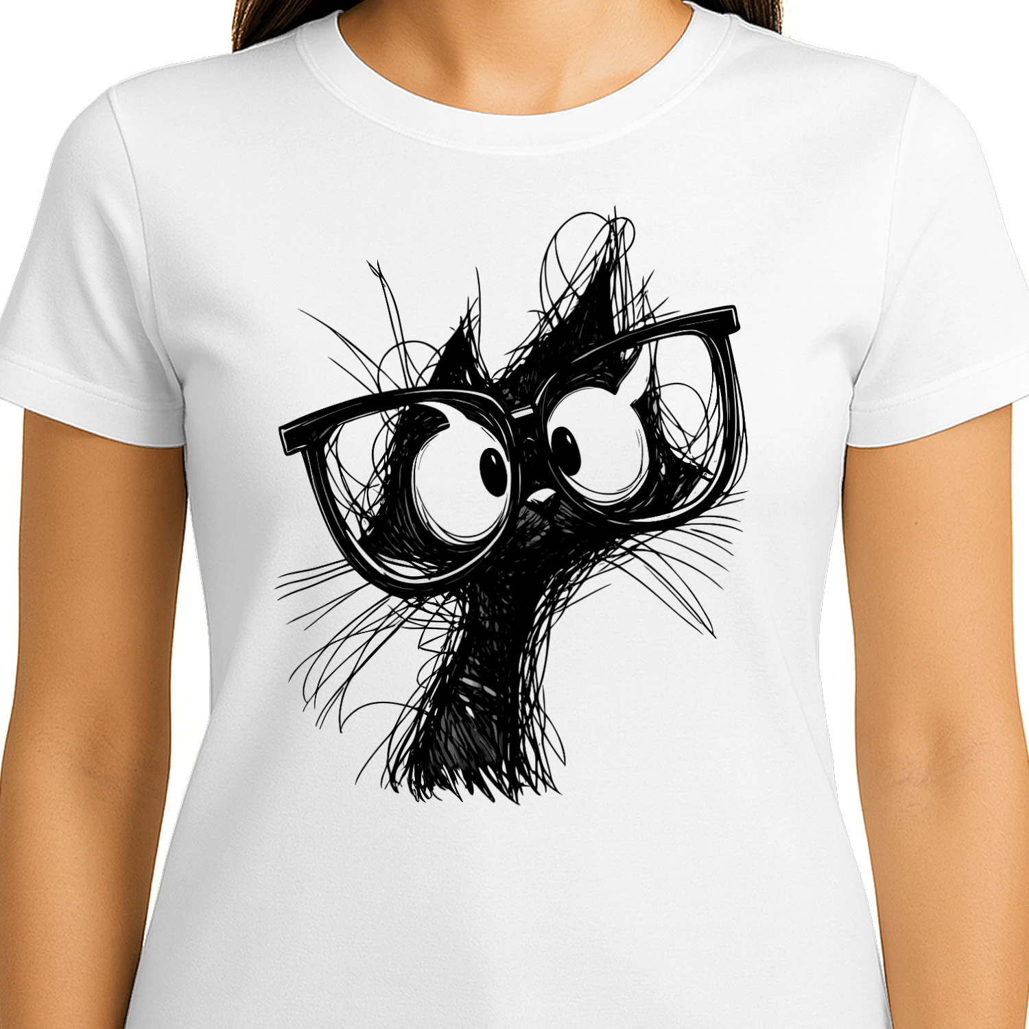 Funny Cat with Glasses T‑Shirt – Black & White Sketch Style Tee for Cat Lovers, Pet Owners & Gift Ideas