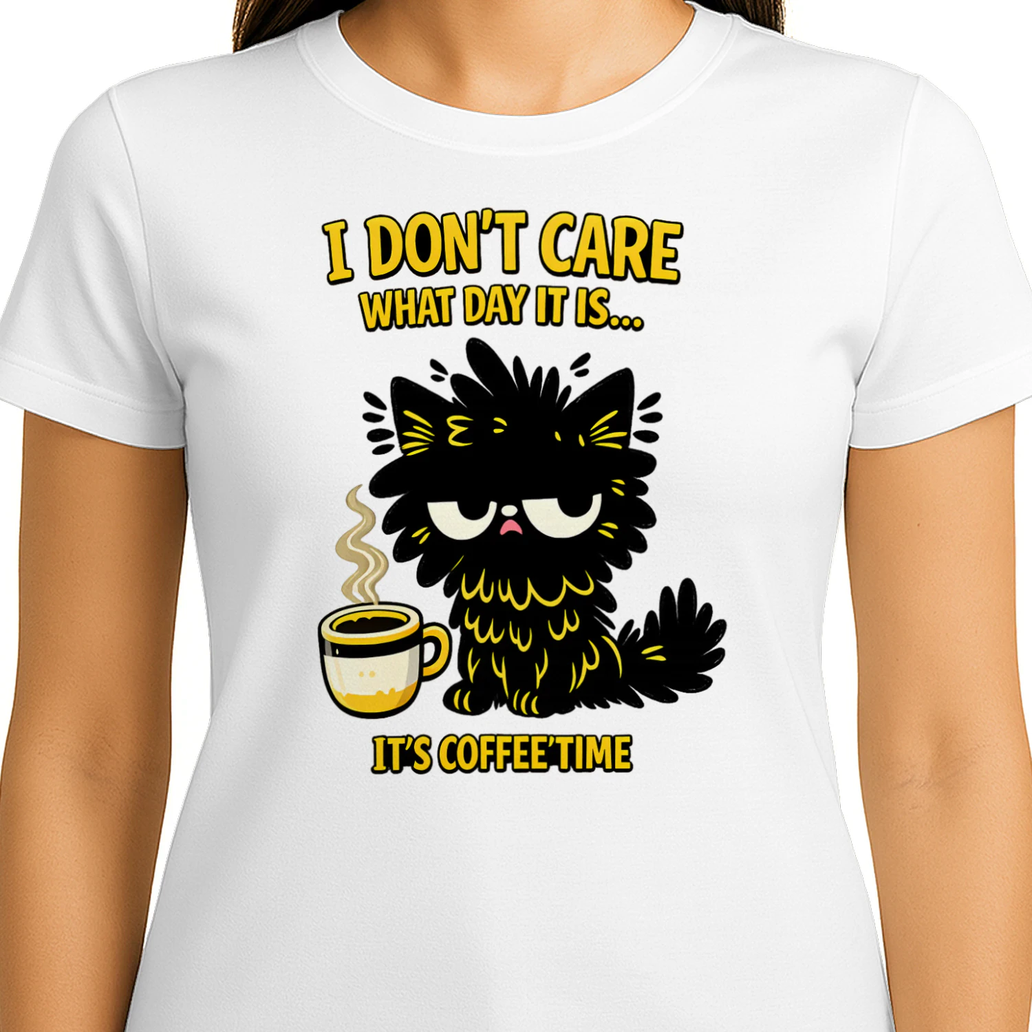 I Don’t Care What Day It Is Shirt – Funny Tired Cat Coffee Tee, Sarcastic Cat Lover Gift, Morning Humor Apparel