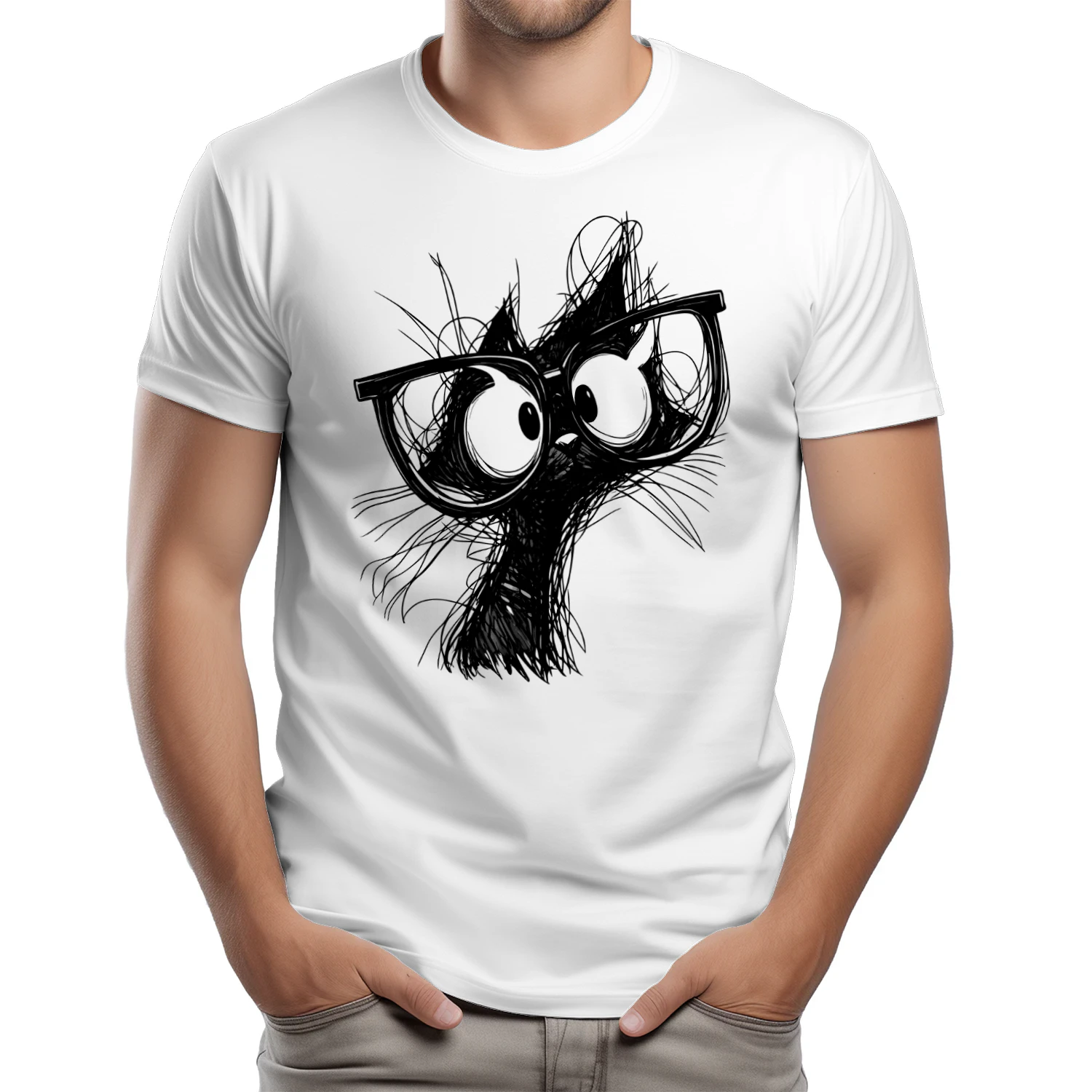 Funny Cat with Glasses T‑Shirt – Black & White Sketch Style Tee for Cat Lovers, Pet Owners & Gift Ideas