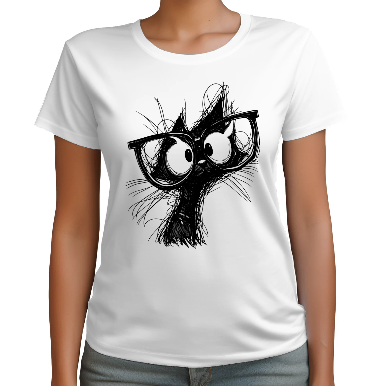 Funny Cat with Glasses T‑Shirt – Black & White Sketch Style Tee for Cat Lovers, Pet Owners & Gift Ideas