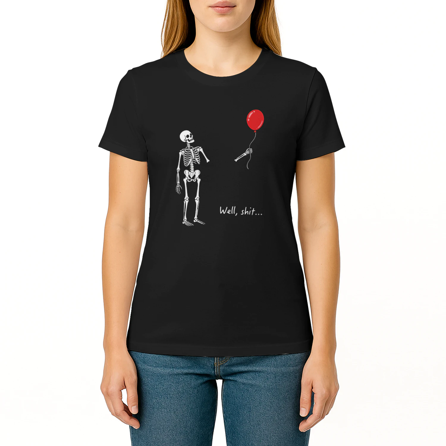 Skeleton Red Balloon T-Shirt, Dark Humor Sarcastic Apparel, Relatable Spooky Tee