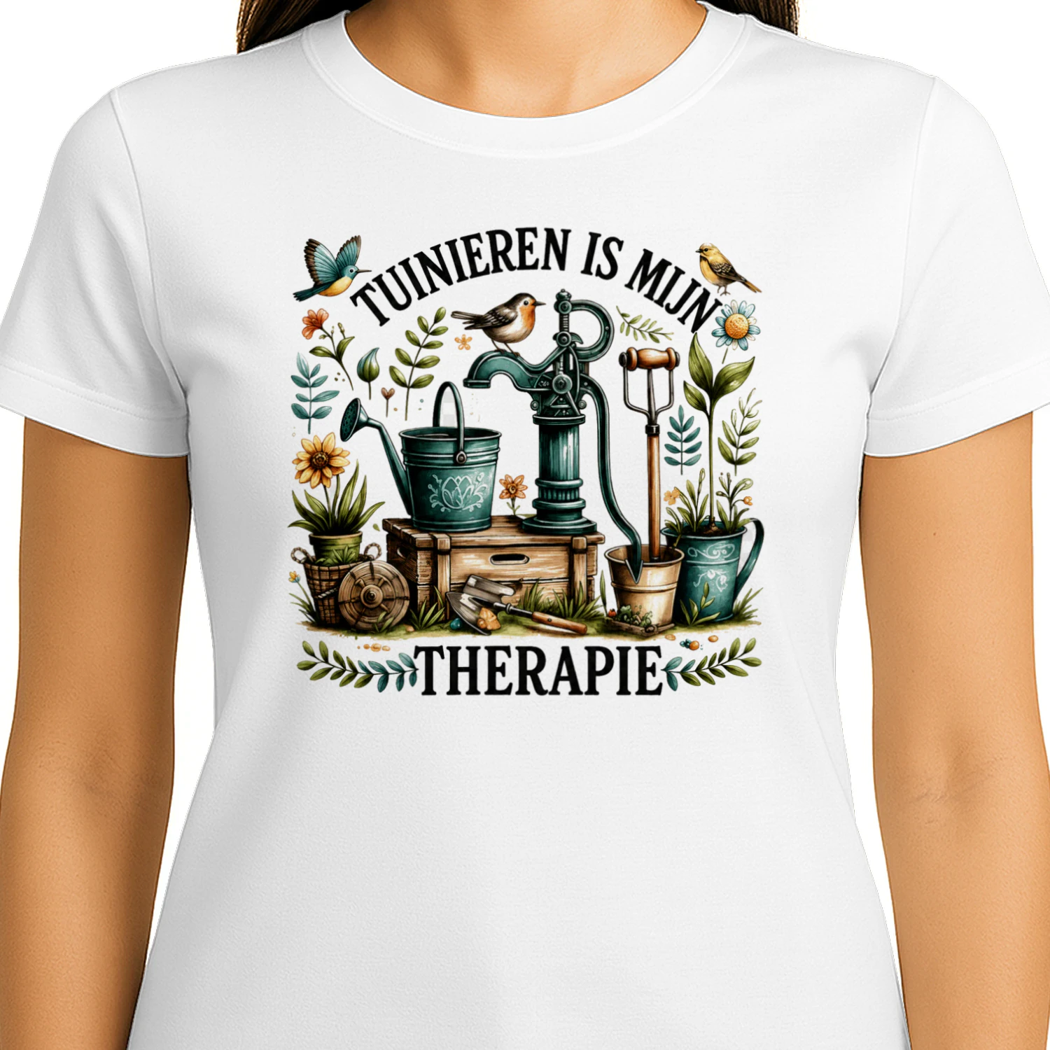 Tuinieren Is Mijn Therapie – Vintage Tuinier  met Bloemen & Tuingereedschap