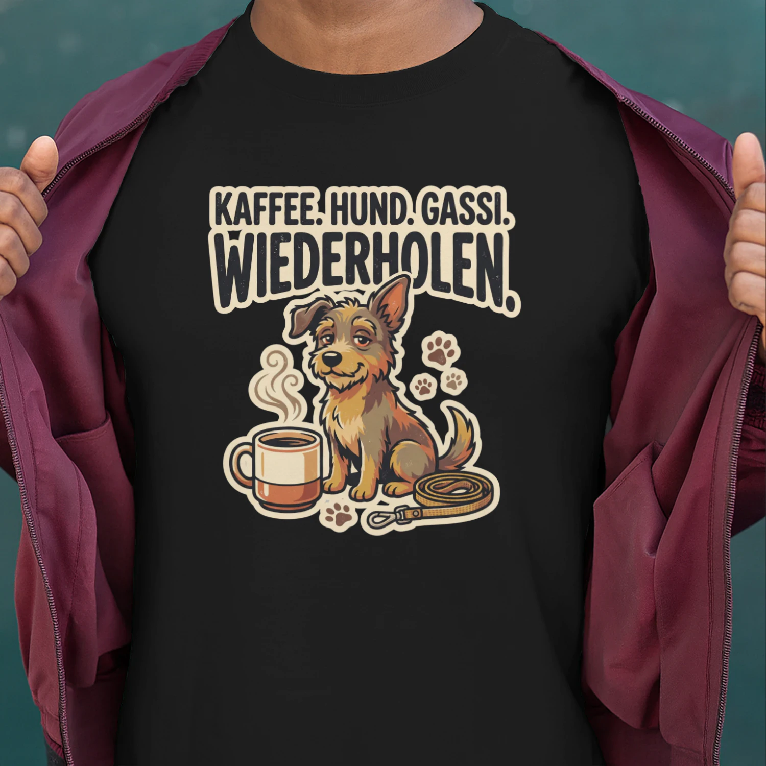 KAFFEE. HUND. GASSI. WIEDERHOLEN.