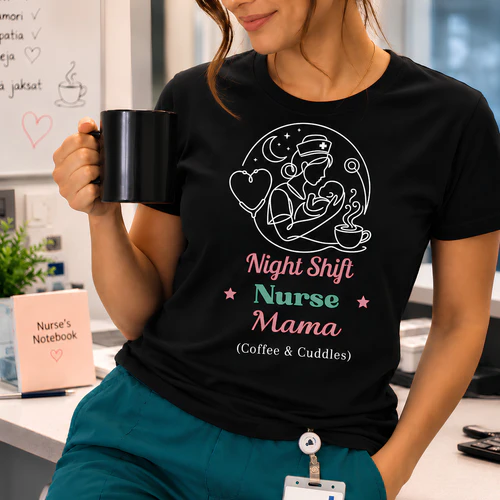 Night Shift Nurse Mama (Coffee & Cuddles) – Nurse Mom T-Shirt UK