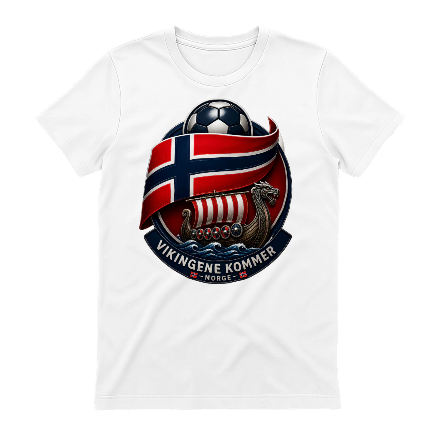Unik norsk fotball T-skjorte med vikingskip, norsk flagg og supporterdesign. Perfekt for norske fotballfans og stolte supportere.