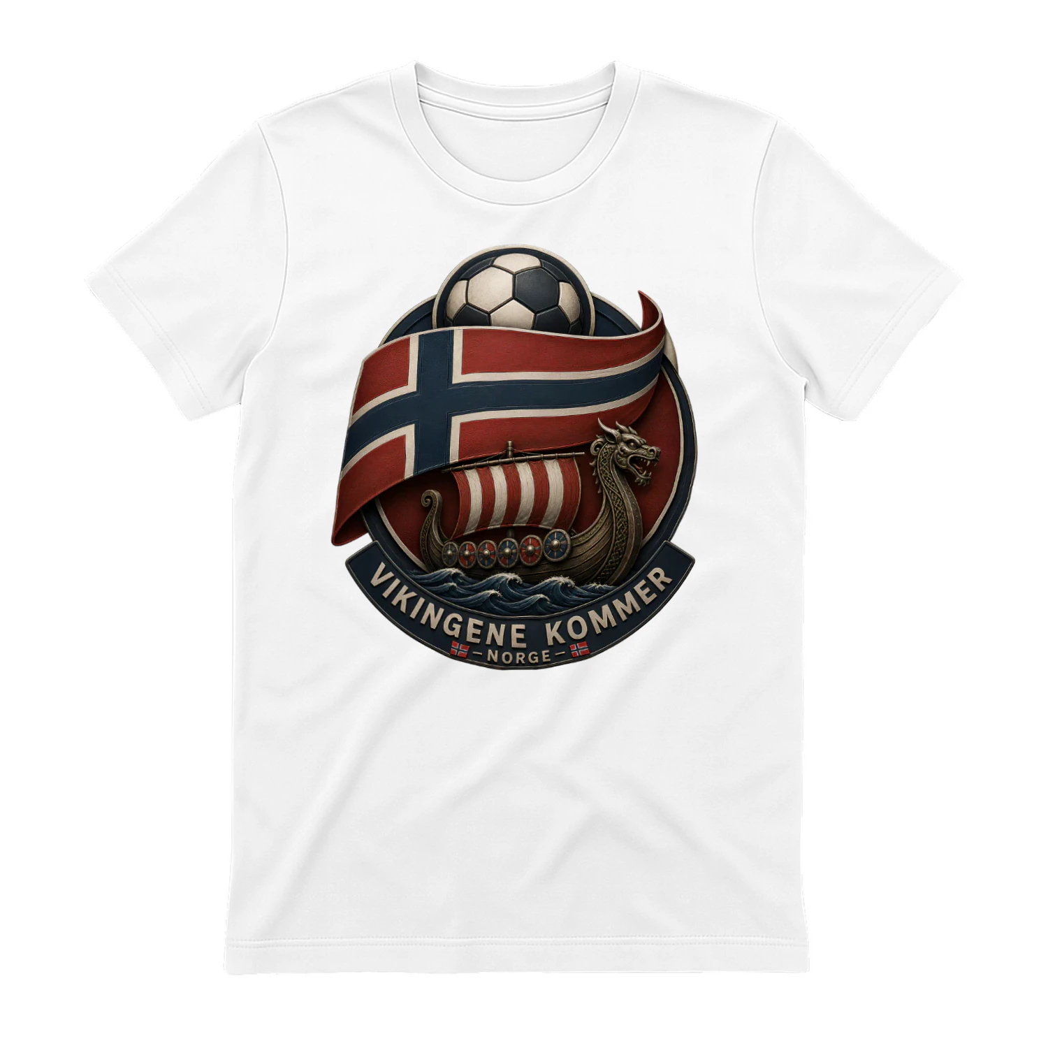 Unik norsk fotball T-skjorte med vikingskip, norsk flagg og supporterdesign. Perfekt for norske fotballfans og stolte supportere.