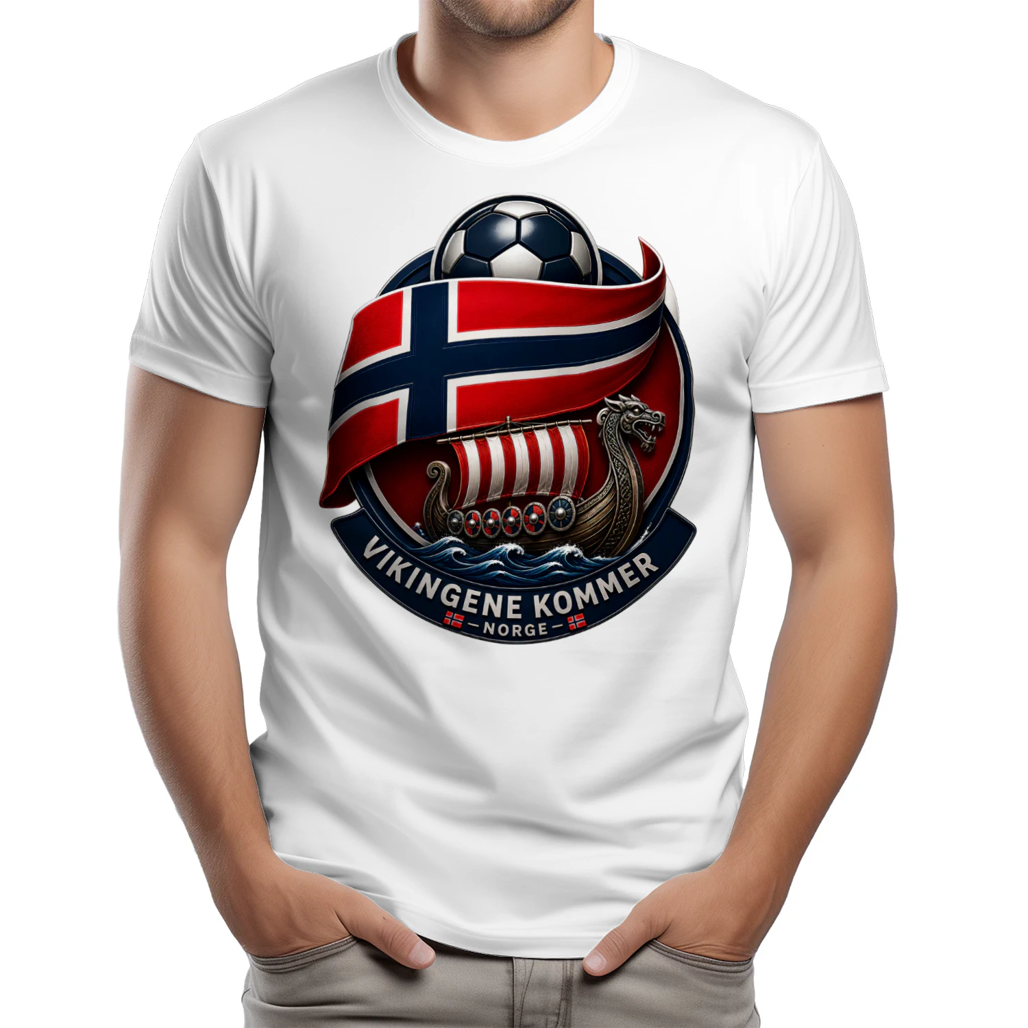 Unik norsk fotball T-skjorte med vikingskip, norsk flagg og supporterdesign. Perfekt for norske fotballfans og stolte supportere.