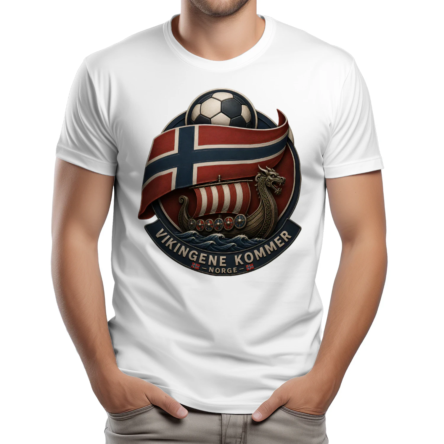 Unik norsk fotball T-skjorte med vikingskip, norsk flagg og supporterdesign. Perfekt for norske fotballfans og stolte supportere.