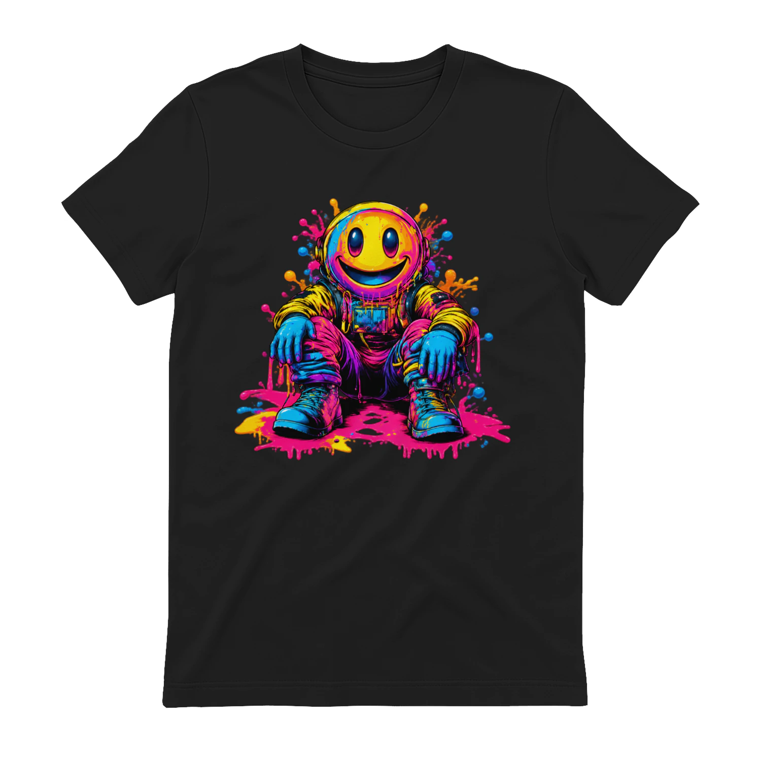 Neon Smiley Astronaut PNG, Colorful Graffiti Space Art, Dripping Paint Streetwear Design for T-Shirts & Sublimation