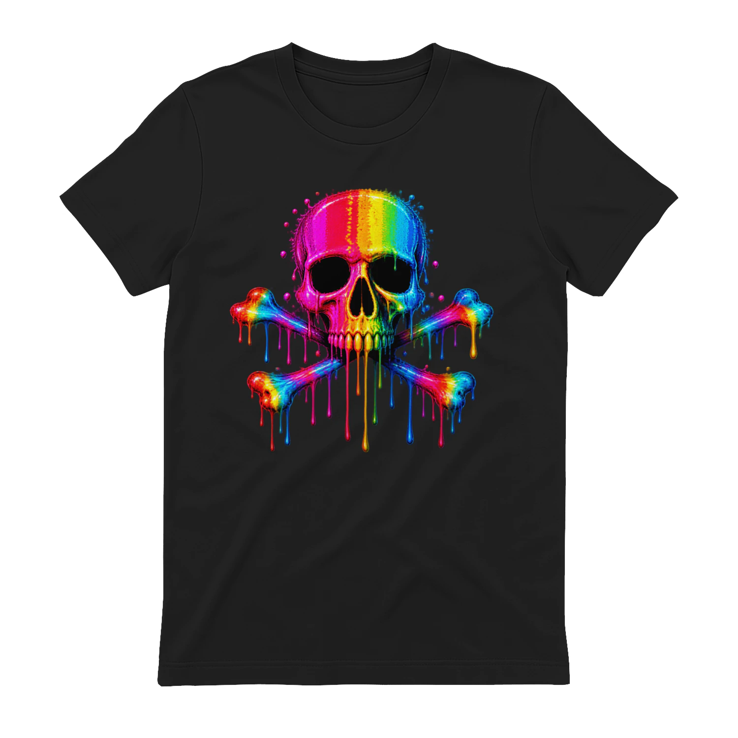 Rainbow Skull and Crossbones PNG, Neon Dripping Paint Skull Art, Colorful Gothic Streetwear Design for T-Shirts