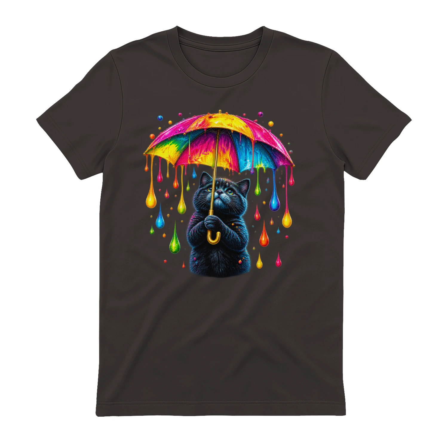 Rainbow Umbrella Cat PNG, Cute Black Kitten with Neon Paint Drips, Colorful Sublimation Design for T-Shirts