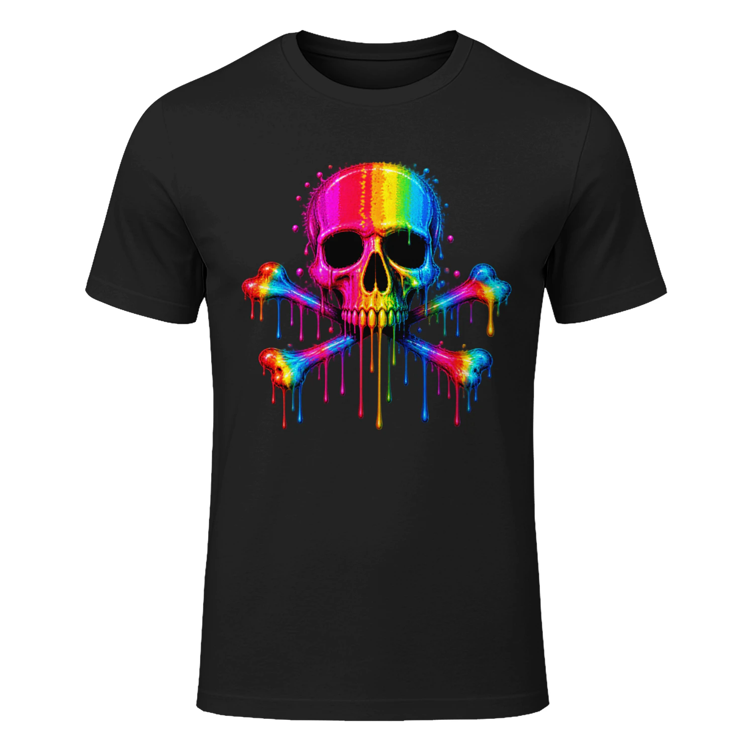 Rainbow Skull and Crossbones PNG, Neon Dripping Paint Skull Art, Colorful Gothic Streetwear Design for T-Shirts