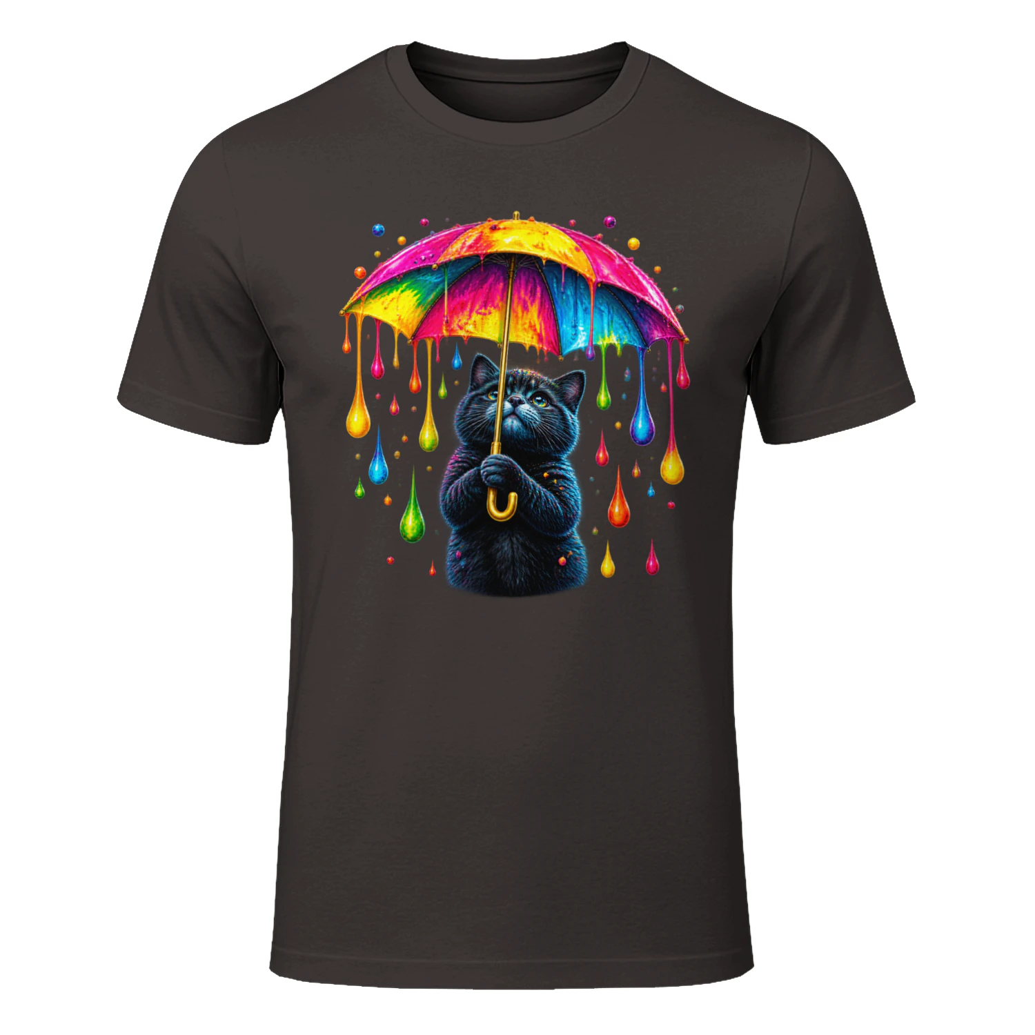 Rainbow Umbrella Cat PNG, Cute Black Kitten with Neon Paint Drips, Colorful Sublimation Design for T-Shirts