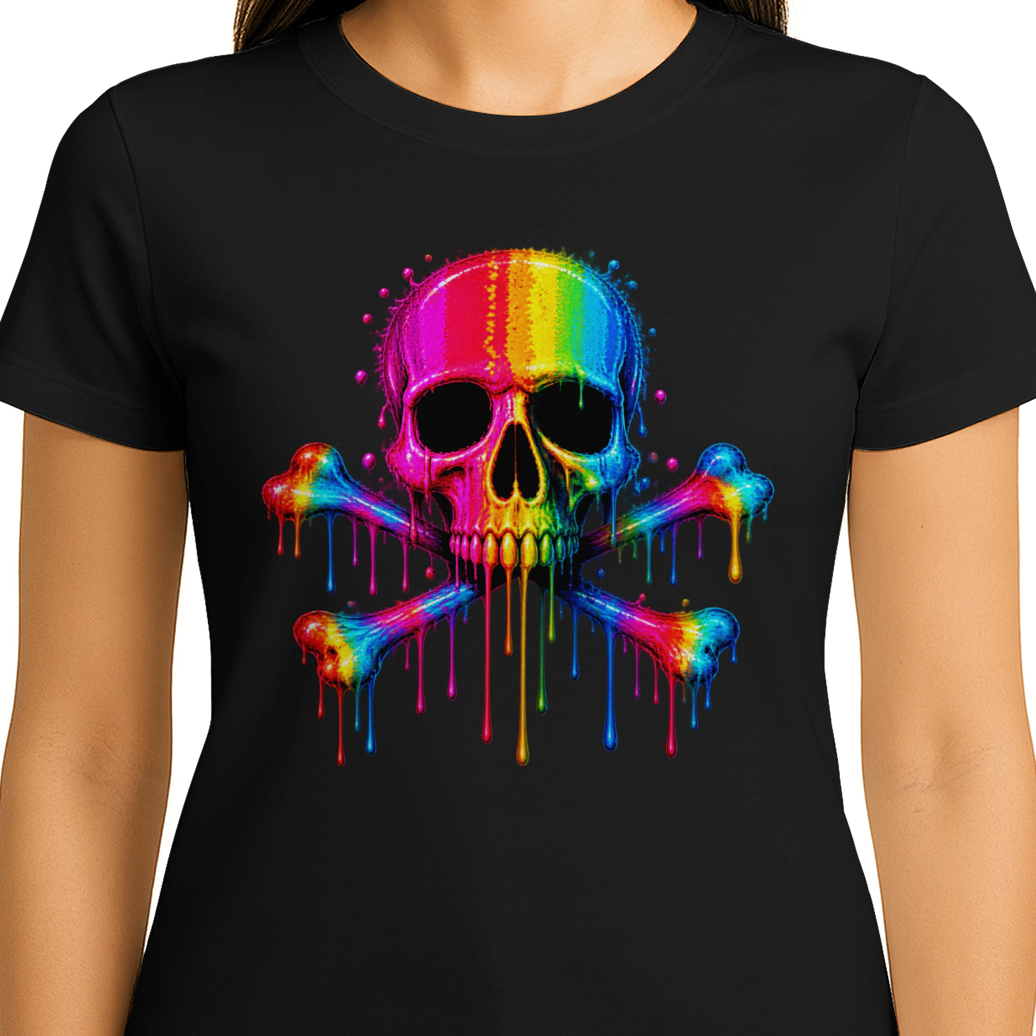 Rainbow Skull and Crossbones PNG, Neon Dripping Paint Skull Art, Colorful Gothic Streetwear Design for T-Shirts