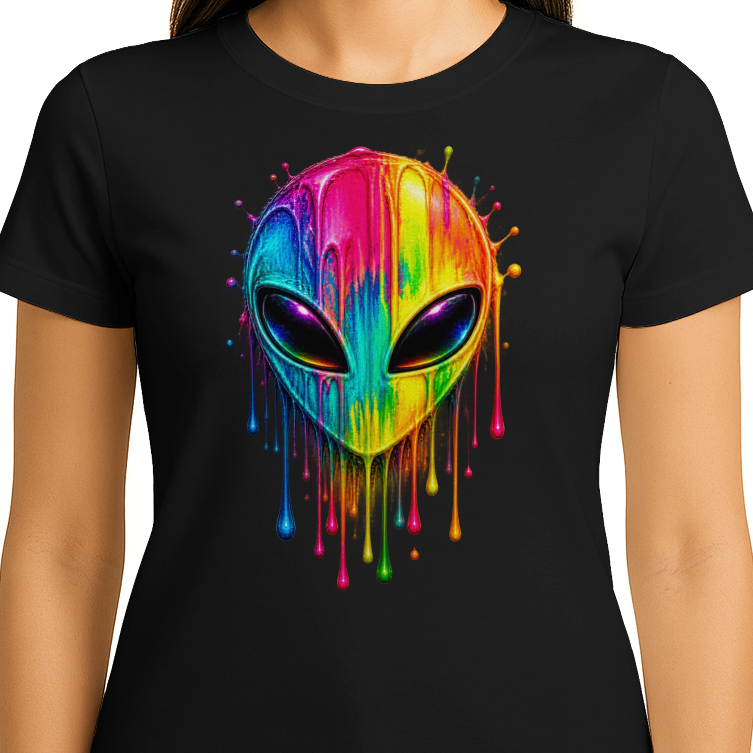 Neon Rainbow Alien PNG, Colorful Dripping Paint UFO Art, Psychedelic Extraterrestrial Design for T-Shirts & Sublimation