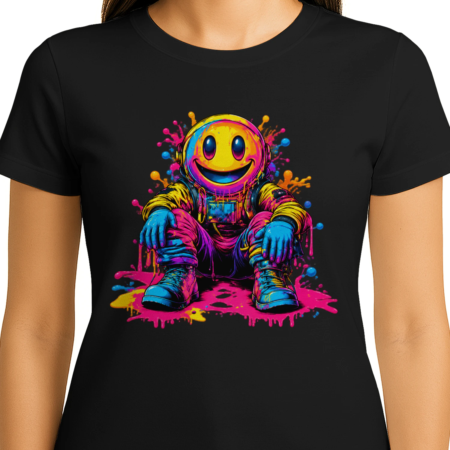 Neon Smiley Astronaut PNG, Colorful Graffiti Space Art, Dripping Paint Streetwear Design for T-Shirts & Sublimation