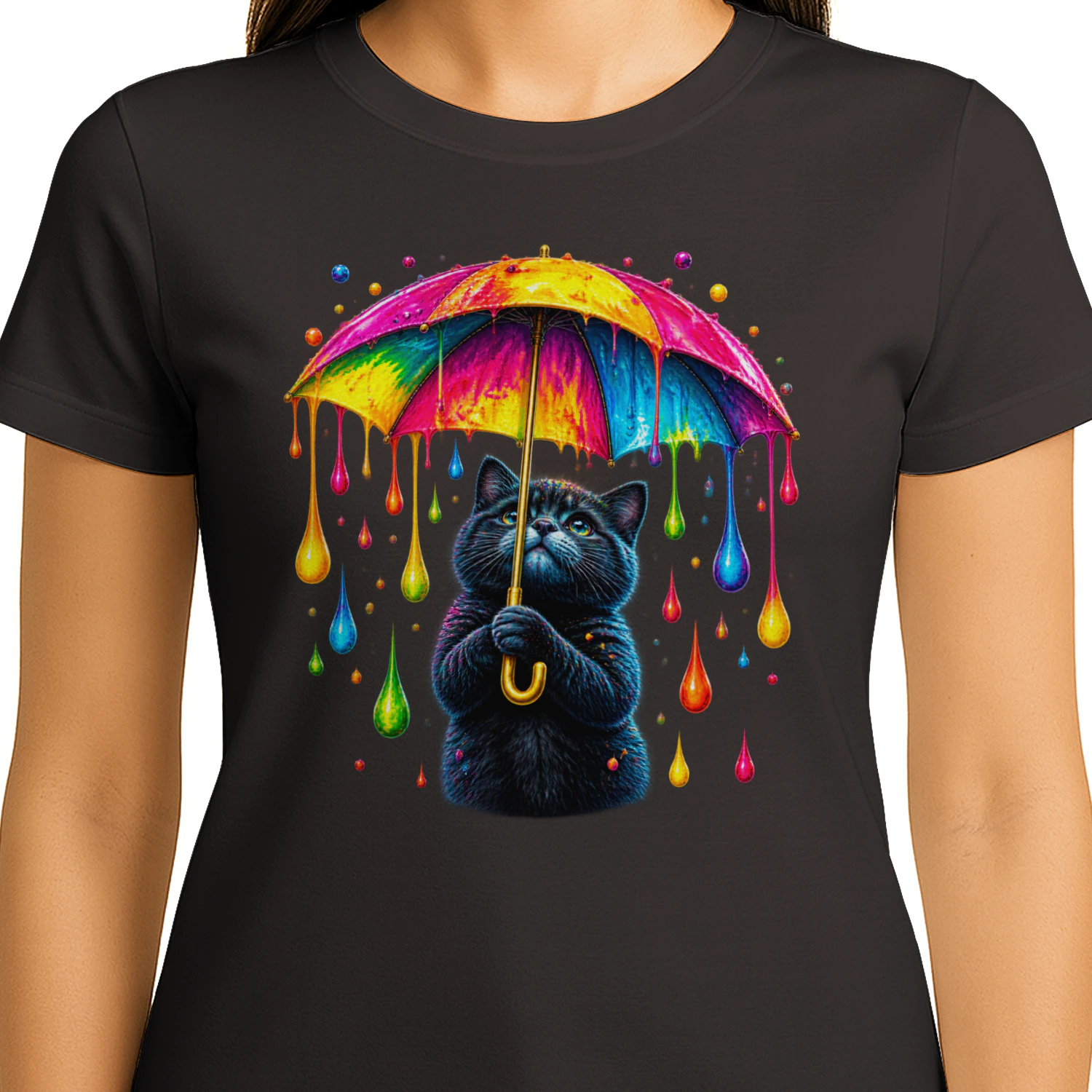 Rainbow Umbrella Cat PNG, Cute Black Kitten with Neon Paint Drips, Colorful Sublimation Design for T-Shirts