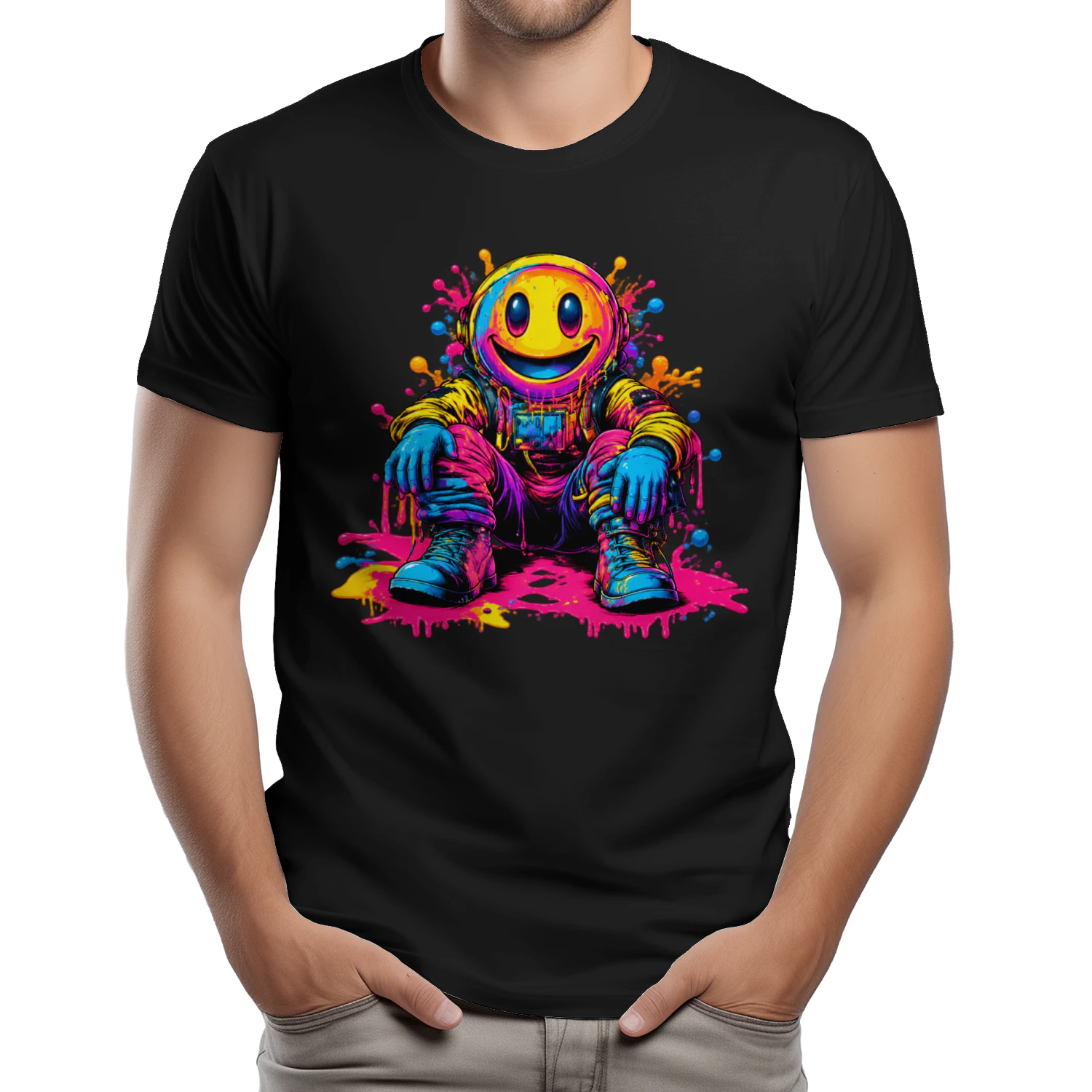 Neon Smiley Astronaut PNG, Colorful Graffiti Space Art, Dripping Paint Streetwear Design for T-Shirts & Sublimation