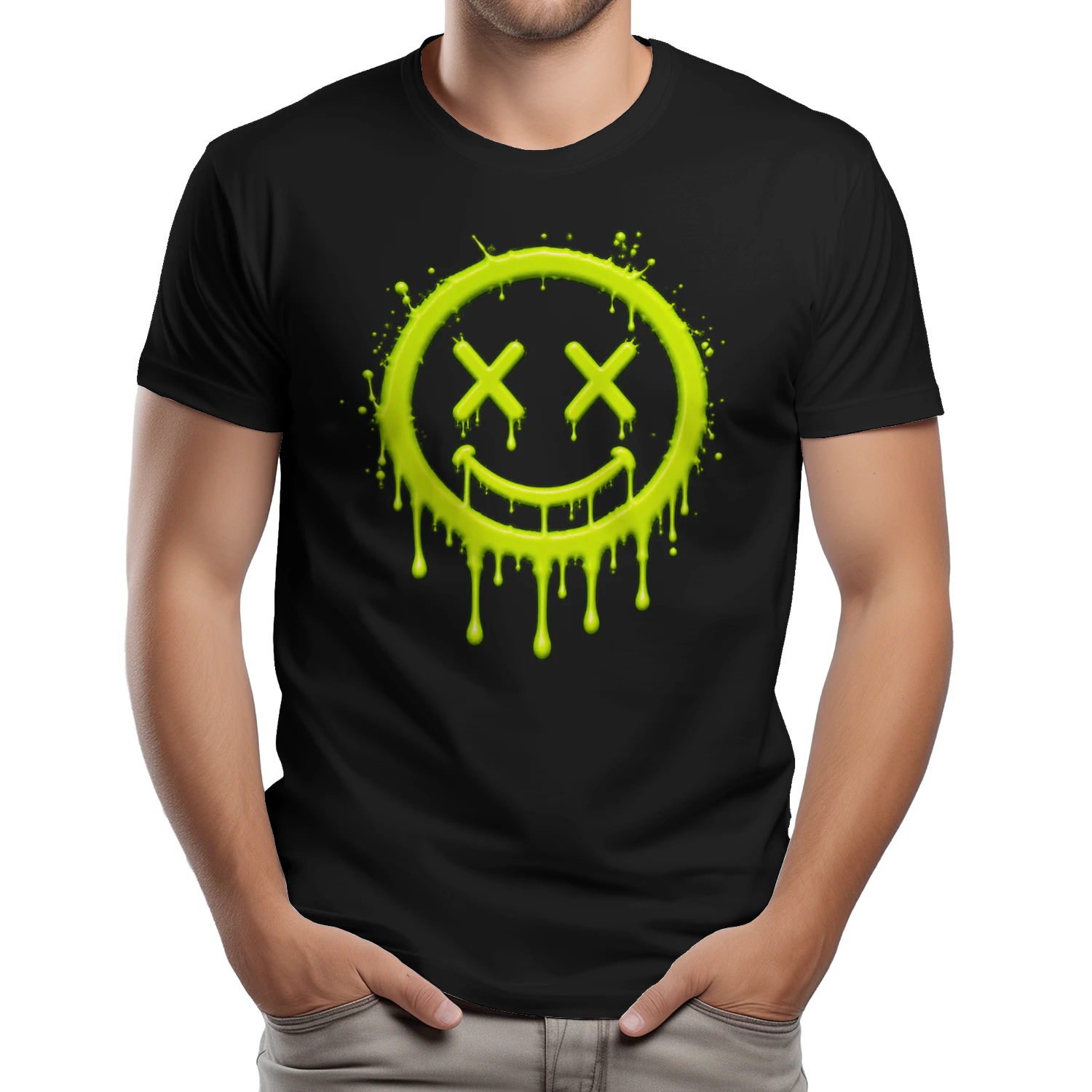 Neon Slime Smiley Face PNG, Dripping Lime Green Graffiti Art, Grunge Punk Streetwear Design for T-Shirts & Sublimation