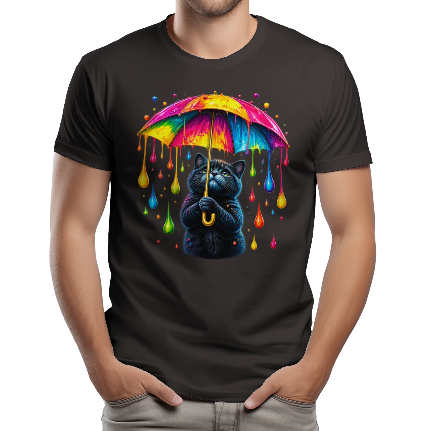 Rainbow Umbrella Cat PNG, Cute Black Kitten with Neon Paint Drips, Colorful Sublimation Design for T-Shirts