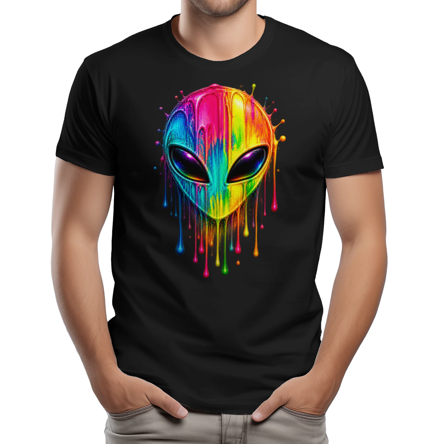 Neon Rainbow Alien PNG, Colorful Dripping Paint UFO Art, Psychedelic Extraterrestrial Design for T-Shirts & Sublimation