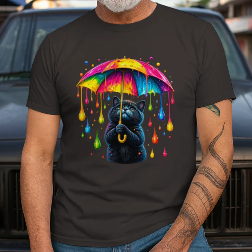 Rainbow Umbrella Cat PNG, Cute Black Kitten with Neon Paint Drips, Colorful Sublimation Design for T-Shirts