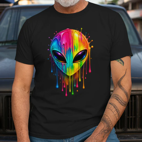 Neon Rainbow Alien PNG, Colorful Dripping Paint UFO Art, Psychedelic Extraterrestrial Design for T-Shirts & Sublimation