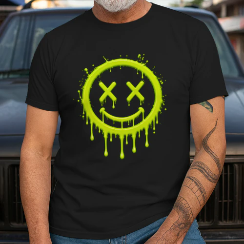 Neon Slime Smiley Face PNG, Dripping Lime Green Graffiti Art, Grunge Punk Streetwear Design for T-Shirts & Sublimation