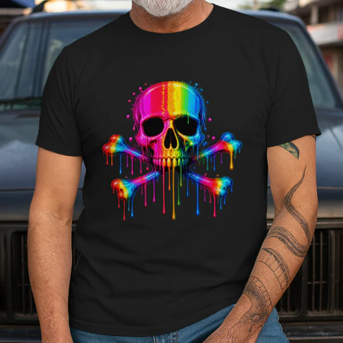 Rainbow Skull and Crossbones PNG, Neon Dripping Paint Skull Art, Colorful Gothic Streetwear Design for T-Shirts