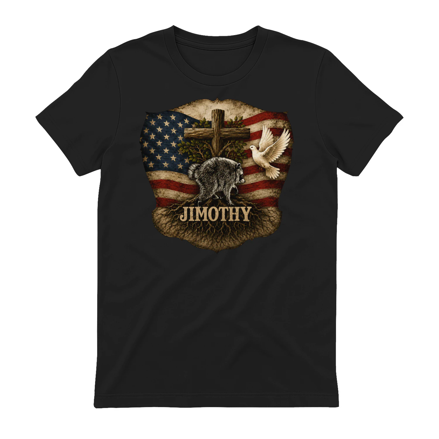 Jimothy Viral Raccoon Meme  Raccoon Cute Trash Panda Viral Animal Lover Gift  Jimothy Patriotic Raccoon Cross & American Flag Unisex Heavy Cotton Tee