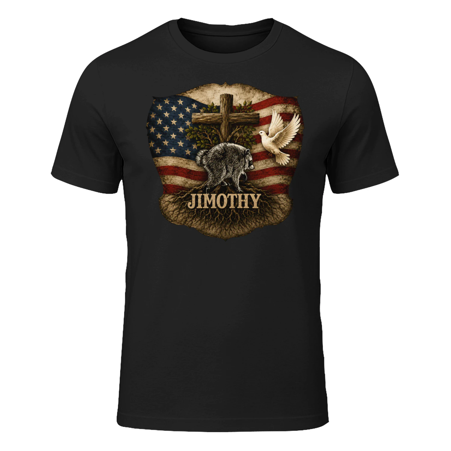 Jimothy Viral Raccoon Meme  Raccoon Cute Trash Panda Viral Animal Lover Gift  Jimothy Patriotic Raccoon Cross & American Flag Unisex Heavy Cotton Tee