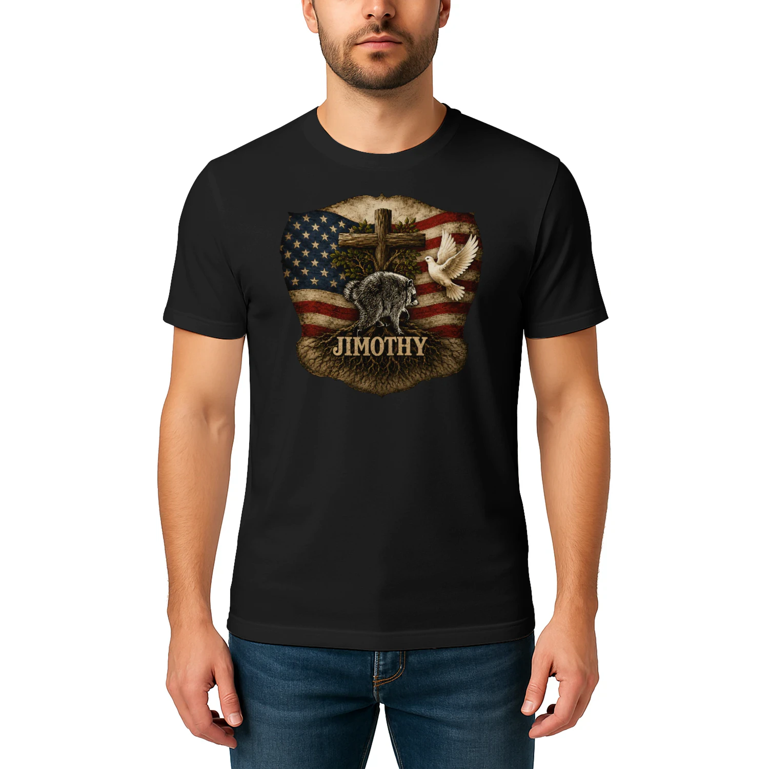 Jimothy Viral Raccoon Meme  Raccoon Cute Trash Panda Viral Animal Lover Gift  Jimothy Patriotic Raccoon Cross & American Flag Unisex Heavy Cotton Tee