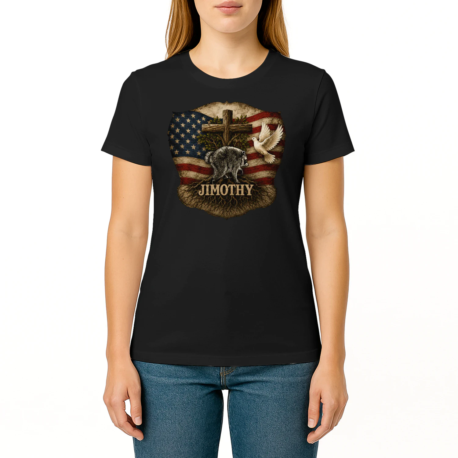 Jimothy Viral Raccoon Meme  Raccoon Cute Trash Panda Viral Animal Lover Gift  Jimothy Patriotic Raccoon Cross & American Flag Unisex Heavy Cotton Tee